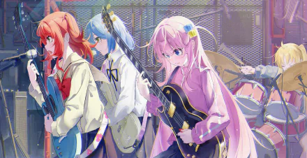 4K Ultra HD anime wallpaper featuring Hitori Gotou, Ikuyo Kita, Ryou Yamada, and Nijika Ijichi from Bocchi the Rock! playing instruments in a vibrant band setting.