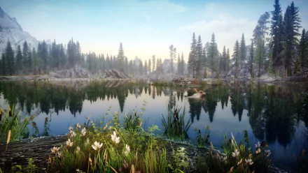 HD PC desktop wallpaper from The Elder Scrolls V: Skyrim featuring a serene lake surrounded by pine trees and mountains under a soft sky in a detailed video game landscape.