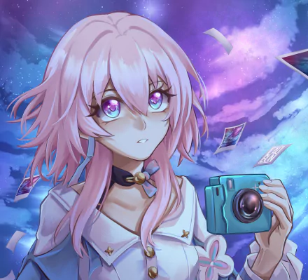 HD PC desktop wallpaper featuring March 7th from the video game Honkai: Star Rail, showcasing her with pink hair and a camera against a cosmic background.
