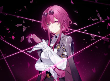HD desktop wallpaper of Kafka from the video game Honkai: Star Rail, featuring a stylish character with pink hair, against a dark background with glowing pink lines and floating fragments.