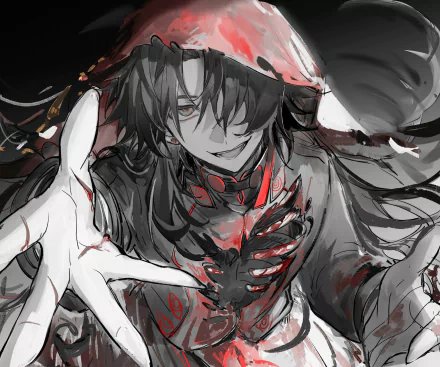 HD PC desktop wallpaper featuring Blade from the video game Honkai: Star Rail with dynamic, monochrome artwork and striking red accents.