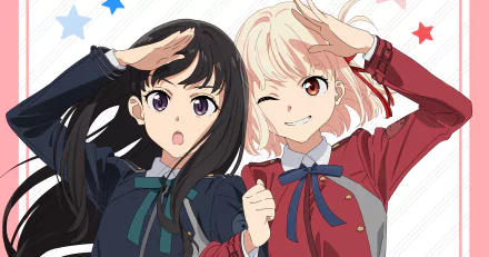 HD anime desktop wallpaper featuring Takina Inoue and Chisato Nishikigi from Lycoris Recoil, both saluting with energetic expressions against a starry background.
