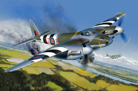 HD PC desktop wallpaper background: military de Havilland Mosquito twin‑engine fighter soaring over patchwork countryside with smoke trail and bright blue sky.