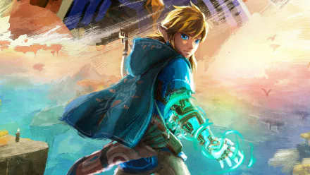 HD PC desktop wallpaper featuring Link from the video game The Legend of Zelda: Tears of the Kingdom, poised with glowing arm in a vibrant, dynamic landscape.