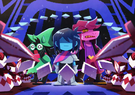 4K Ultra HD Deltarune wallpaper featuring characters Ralsei, Susie, and Kris standing together in a vibrant, stylized video game scene.