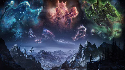 A 4K Ultra HD Skyrim night sky wallpaper featuring glowing constellations of mythical creatures above mountainous terrain from The Elder Scrolls V: Skyrim video game.