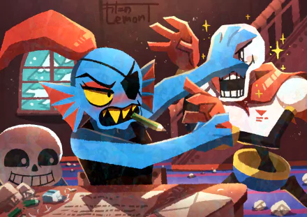 4K Ultra HD PC desktop wallpaper of Undertale (video game) characters: Undyne grabbing Papyrus while Sans grins in a warm, colorful game-room scene.
