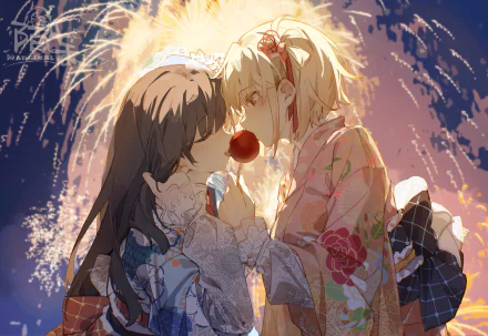 Anime HD desktop wallpaper featuring Takina Inoue and Chisato Nishikigi from Lycoris Recoil sharing an intimate moment with fireworks illuminating the background.