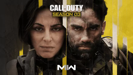 HD wallpaper featuring Call of Duty: Warzone 2.0 Season 03 promotional artwork with two characters set against a striking yellow and black background.