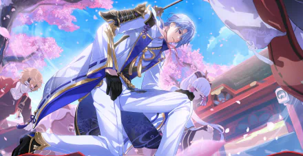 HD PC desktop wallpaper featuring Kamisato Ayaka and Kamisato Ayato from the video game Genshin Impact amid cherry blossoms and traditional architecture.