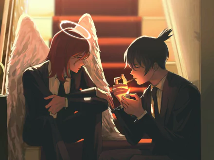 HD anime wallpaper featuring Aki Hayakawa lighting a cigarette for Angel Devil from Chainsaw Man, set in a warm, softly lit scene.