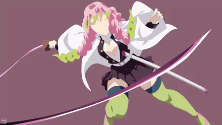 HD desktop wallpaper featuring Mitsuri Kanroji from the anime Demon Slayer: Kimetsu no Yaiba, portrayed in an action pose with her sword against a solid background.