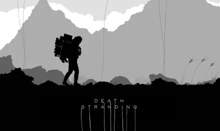 HD PC desktop wallpaper featuring Sam Porter Bridges from the video game Death Stranding in a monochrome mountainous landscape.
