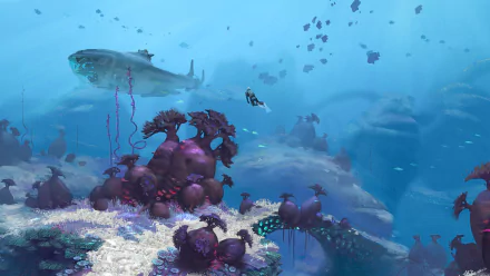 HD PC desktop wallpaper from the video game Subnautica, showcasing an underwater scene with a diver, alien coral formations, and a large submerged creature.