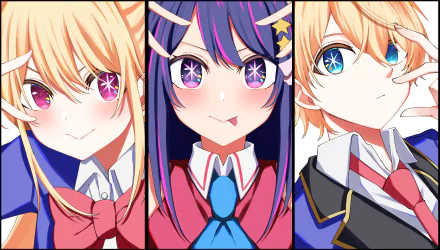 Anime-style 8K Ultra HD wallpaper featuring Aquamarine Hoshino, Ai Hoshino, and Ruby Hoshino from Oshi no Ko, each with vibrant eyes and colorful outfits.