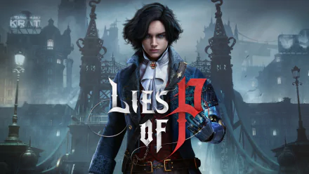 Lies of P game character in a gothic city backdrop for HD desktop wallpaper.