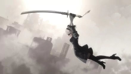 4K Ultra HD PC desktop wallpaper: Anime NieR:Automata Ver 1.1a — black‑clad android swings a katana through a misty, ruined cityscape, high‑contrast action pose against soft clouds.