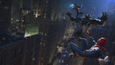 4K Ultra HD PC desktop wallpaper featuring intense action from the video game Marvel's Spider-Man 2, showcasing Spider-Man battling a large enemy in a nighttime cityscape.