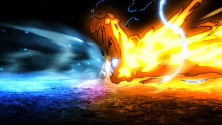 HD PC desktop wallpaper featuring an intense fiery battle between Kyojuro Rengoku and Akaza from the anime Demon Slayer: Kimetsu no Yaiba.