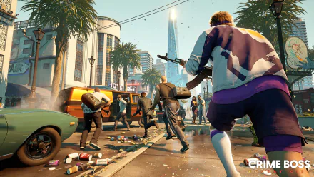 HD desktop wallpaper from Crime Boss: Rockay City video game depicting a chaotic street scene with armed characters in action.
