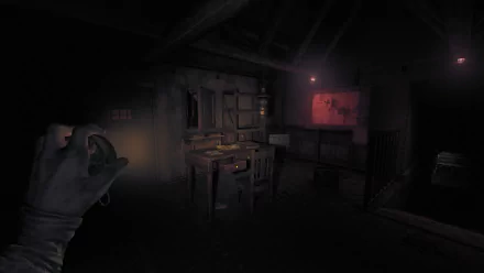 HD desktop wallpaper featuring a scene from Amnesia: The Bunker with a first-person view holding a lantern in a dimly lit, eerie room with mysterious drawings on the wall.