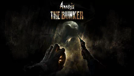 HD desktop wallpaper for Amnesia: The Bunker video game, featuring a hand holding a knife and a lantern with a spectral face emerging from the darkness.