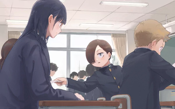 HD anime wallpaper featuring Ichikawa Kyoutarou and Anna Yamada from The Dangers in My Heart, set in a classroom with soft natural lighting.