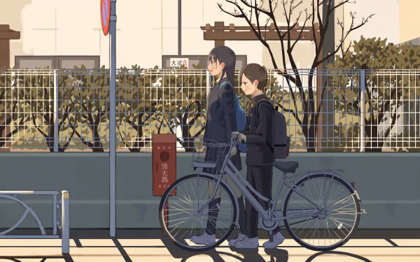 Ichikawa Kyoutarou and Anna Yamada from the anime The Dangers in My Heart walk beside a bicycle in a detailed 4K Ultra HD PC desktop wallpaper background.