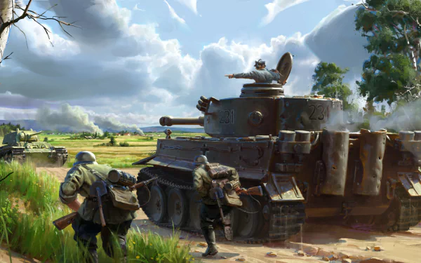 HD PC desktop wallpaper showing a detailed military scene with soldiers advancing beside a Tiger tank in a lush, open field under a cloudy sky.
