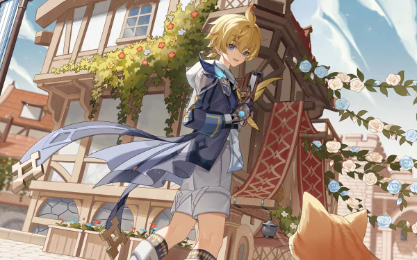 Mika from Genshin Impact stands outdoors near a flower-adorned building, with a bright sky backdrop in this 4K Ultra HD PC desktop wallpaper.