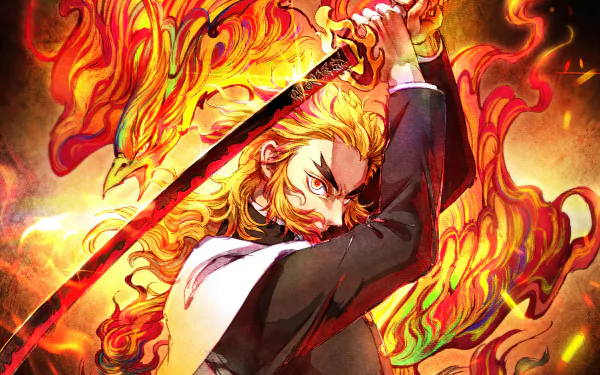 Kyojuro Rengoku from Demon Slayer: Kimetsu no Yaiba stands boldly, wielding a sword amidst vibrant flames, captured in this stunning HD anime wallpaper.