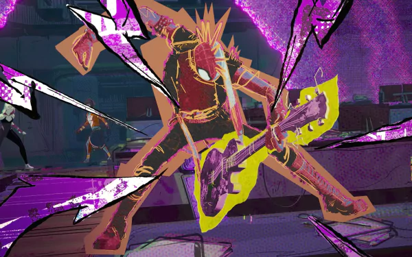 HD PC desktop wallpaper featuring Spider-Punk from the movie Spider-Man: Across the Spider-Verse, showcasing vibrant colors and dynamic action.