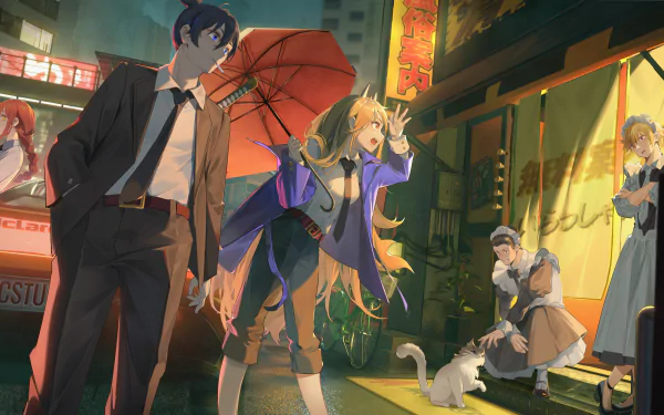 HD desktop wallpaper featuring characters Denji, Power, Aki Hayakawa, and Makima from the anime Chainsaw Man. The characters are in a vibrant city scene at night.