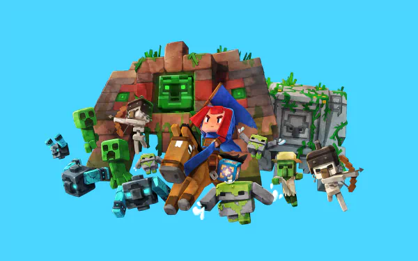 HD Minecraft Legends wallpaper featuring a central character surrounded by various creatures and blocks against a blue backdrop.