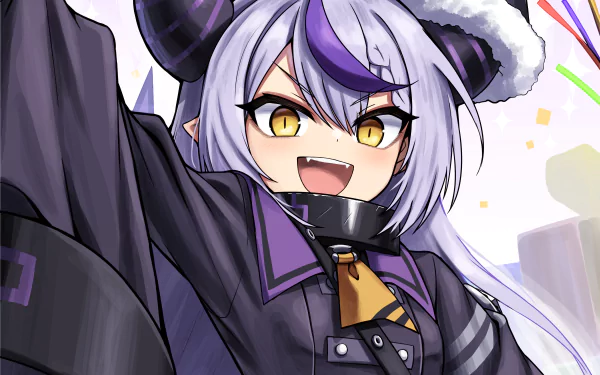 4K Ultra HD anime-style PC wallpaper featuring La+ Darknesss, a Virtual YouTuber from hololive, with striking yellow eyes and vibrant purple and black attire.