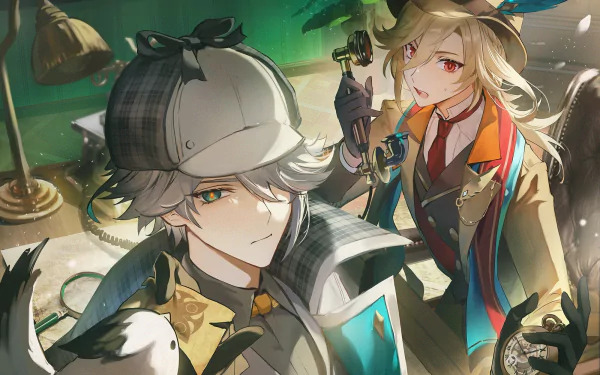 HD PC desktop wallpaper featuring Al-haitham and Kaveh from the video game Genshin Impact in a detailed, dynamic setting.