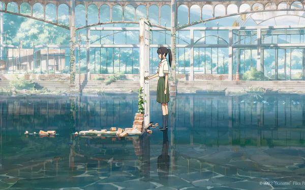 Suzume Iwato stands in a flooded, broken greenhouse under a bright sky in this 8K Ultra HD anime wallpaper from Suzume no Tojimari.