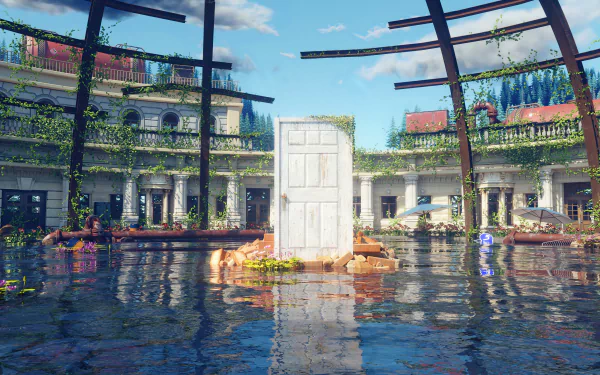 HD wallpaper featuring a scene from Suzume no Tojimari with a mysterious door standing in a flooded, lush courtyard under a clear sky.