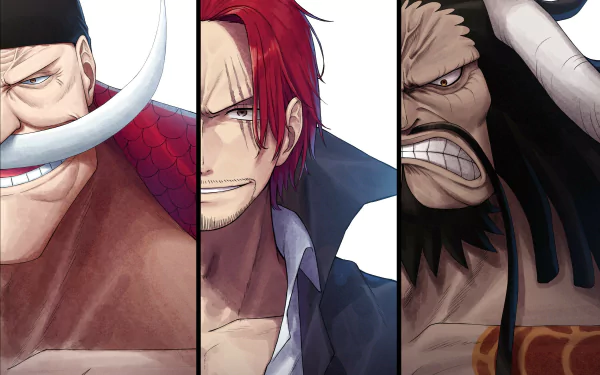 HD PC wallpaper featuring detailed anime portraits of Marshall D. Teach, Shanks, and Edward Newgate from One Piece.