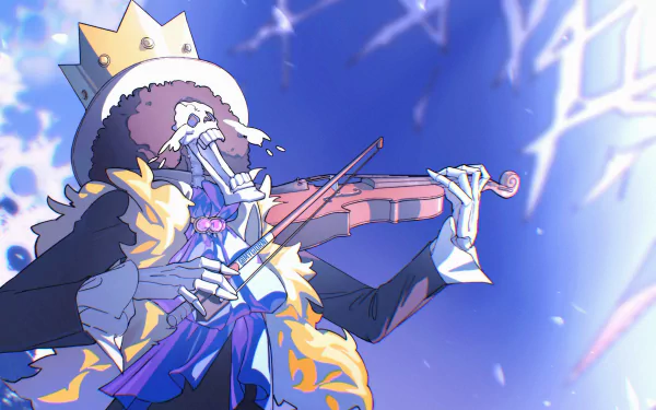 A vibrant HD wallpaper featuring Brook from One Piece, depicted as a skeletal musician in a royal outfit, passionately playing the violin against a dynamic blue background.