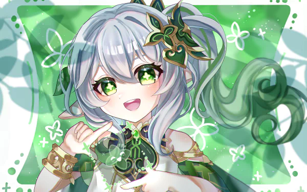 HD PC desktop wallpaper featuring Nahida from the video game Genshin Impact, showcasing her vibrant green and silver design with a playful, animated expression.