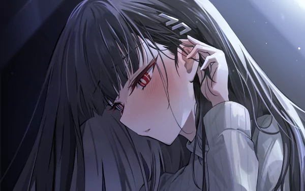 HD PC desktop wallpaper featuring Tsukatsuki Rio from the video game Blue Archive, showcasing her dark hair and red eyes in detailed anime style.