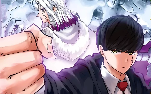 4K Ultra HD anime wallpaper featuring Mash Burnedead from Mashle: Magic and Muscles, showcasing dynamic characters with intense expressions and mystical background elements.