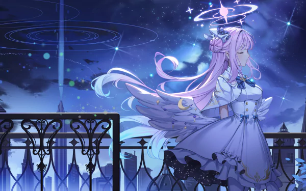 4K Ultra HD PC wallpaper featuring Misono Mika as an angel from the video game Blue Archive, standing against a starry night sky with glowing ethereal elements.