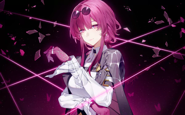 HD desktop wallpaper of Kafka from the video game Honkai: Star Rail, featuring a stylish character with pink hair, against a dark background with glowing pink lines and floating fragments.