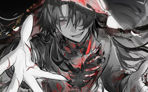 HD PC desktop wallpaper featuring Blade from the video game Honkai: Star Rail with dynamic, monochrome artwork and striking red accents.