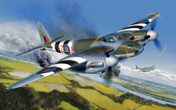 HD PC desktop wallpaper background: military de Havilland Mosquito twin‑engine fighter soaring over patchwork countryside with smoke trail and bright blue sky.