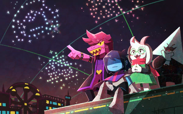 4K Ultra HD Deltarune wallpaper featuring Ralsei, Susie, and Kris watching vibrant fireworks over a nighttime cityscape.