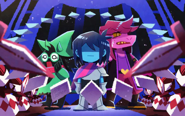 4K Ultra HD Deltarune wallpaper featuring characters Ralsei, Susie, and Kris standing together in a vibrant, stylized video game scene.