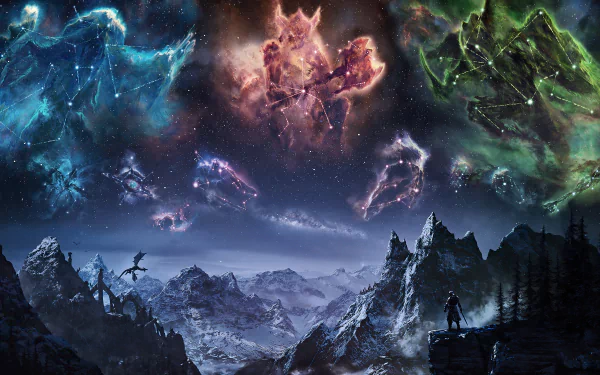 A 4K Ultra HD Skyrim night sky wallpaper featuring glowing constellations of mythical creatures above mountainous terrain from The Elder Scrolls V: Skyrim video game.